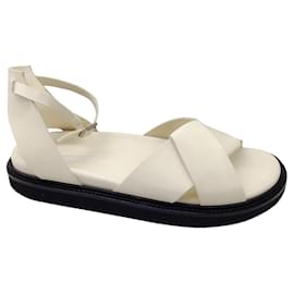 Autre Marque-Gentry Portofino Ivory Criss Cross Leather Ankle Strap Flat Sandals-Cream