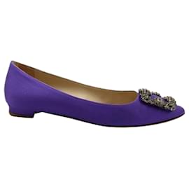 Manolo Blahnik-Satin Purple Pointed Toe Flats with Silver Embellishments-Purple