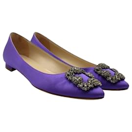 Manolo Blahnik-Satin Purple Pointed Toe Flats with Silver Embellishments-Purple
