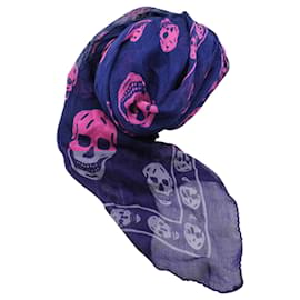 Alexander Mcqueen-Blue & Pink Silk Skull Scarf-Blue
