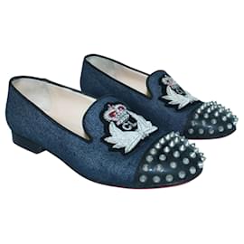 Christian Louboutin-Denim Intern Loafers with Studs-Blue
