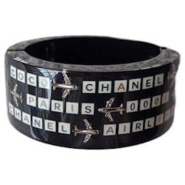 Chanel-CC 16S Airlines Paris 005 Resin Black Logo Bracelet Bangle box-Black