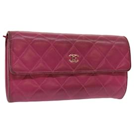 Chanel-CHANEL Matelasse Lange Geldbörse Lammfell Pink CC Auth yk10628-Pink