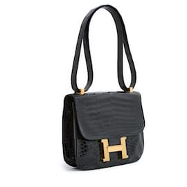 Hermès-Bolsa de couro preto precioso Hermes Sac Constance.-Preto