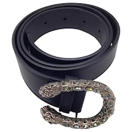 Autre Marque-Gucci Black Crystal Embellished Metal Buckle Dionysus Leather Belt-Black