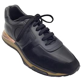 Autre Marque-Salvatore Ferragamo Black / Gold Detail Suede Trimmed Leather Sneakers-Black