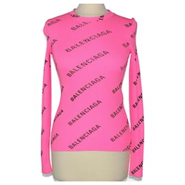 Balenciaga-Balenciaga Rippstrickpullover mit rosa Logo-Print-Pink