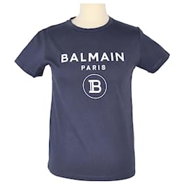 Balmain-Balmain Navy Blue Logo Print Teen T-Shirt-Blue