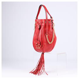 Miu Miu-MIU MIU Tassel Accent Leather Bucket Bag in Red-Red