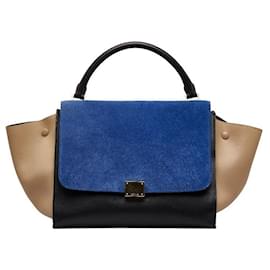 Céline-Celine Leather Suede Trapeze Handbag in Very Good Condition-Blue