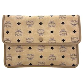 MCM-Bolsa de cosméticos MCM Visetos Etui Pochette Pouch Bag em marfim com estampa de logo.-Outro
