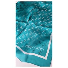Jimmy Choo-Jimmy Choo turquoise silk logo printed scarf-Turquoise