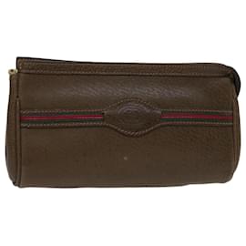 Gucci-GUCCI Web Sherry Line Pouch Leather Brown Red Green 039 904 0665 Auth am5842-Brown,Red,Green
