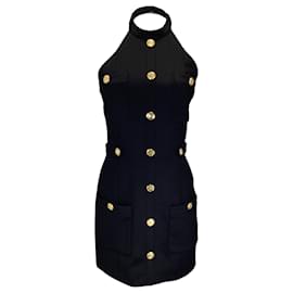 Autre Marque-Balmain Black / Gold Button Detail Fitted Stretch Knit Halter Mini Dress-Black