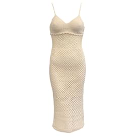 Autre Marque-Santicler Ivory Open Knit Crochet Dress with Pearl Buttons-Cream