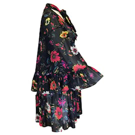 Autre Marque-McQ by Alexander McQueen Vestido negro de seda con volantes y cuello anudado con estampado floral multicolor-Multicolor