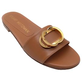 Stuart Weitzman-Stuart Weitzman Beige / Gold Hardware Flat Leather Slide Sandals-Beige