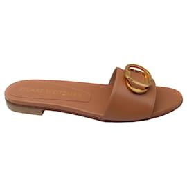 Autre Marque-Stuart Weitzman Beige / Gold Hardware Flat Leather Slide Sandals-Beige