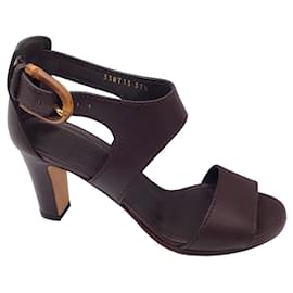 Gucci-Gucci Dark Brown Lifford Open Toe Bamboo Buckle Mid-Heel Leather Sandals-Brown