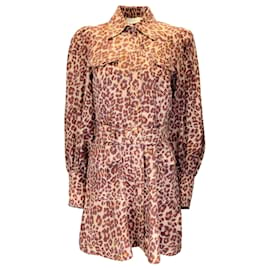 Autre Marque-Zimmermann Mini vestido de linho marrom com estampa de leopardo e cinto de manga comprida-Marrom