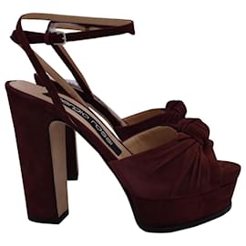 Sergio Rossi-Sergio Rossi Kaia Knot Ankle-Strap Platform Sandals in Burgundy Suede-Red,Dark red