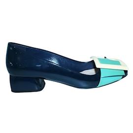 Miu Miu-Patent Leather Block Heels with Yellow Buckle-Blue,Navy blue