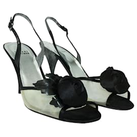 Stuart Weitzman-Black Heels with Fabric Flower and Mesh Fabric-Black