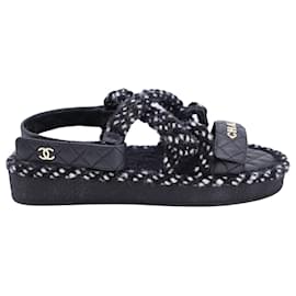 Chanel-Chanel Cord Tweed Sandals in Black Lambskin Leather-Black