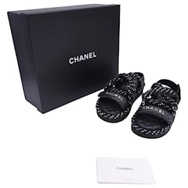 Chanel-Chanel Cord Tweed Sandals in Black Lambskin Leather-Black