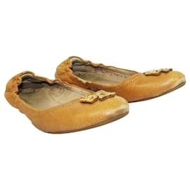 Tory Burch-Brown Leather Ballerinas with Golden Logo-Brown