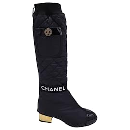Chanel-Chanel 2 inch 1 Botas intertravadas CC até o joelho em nylon preto-Preto