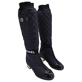 Chanel-Chanel 2 inch 1 Botas intertravadas CC até o joelho em nylon preto-Preto