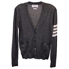 Thom Browne-Thom Browne 4-Bar Stripe V-neck Cardigan in Grey Wool-Grey