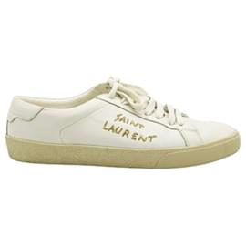 Saint Laurent-Weißer SL/06 Klassische bestickte Court-Sneaker aus Canvas und Glattleder-Weiß