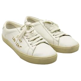 Saint Laurent-SL bianco/06 Sneakers Court Classic ricamate in tela e pelle liscia-Bianco