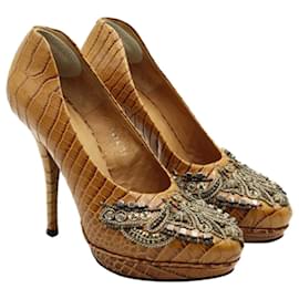 Dries Van Noten-Croc Leather Brown Heels-Brown