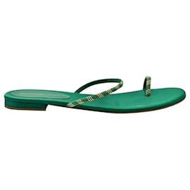 Gianvito Rossi-Bottle Green Satin Flat Sandals One Toe-Green