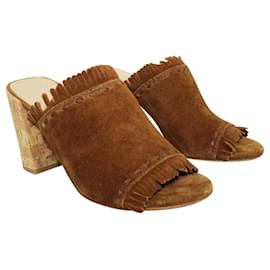 Tory Burch-Brown Suede Mules with Fringes-Brown