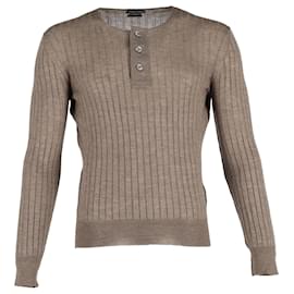 Tom Ford-Tom Ford Ribbed Henley Sweater in Grey Cashmere and Silk-Grey