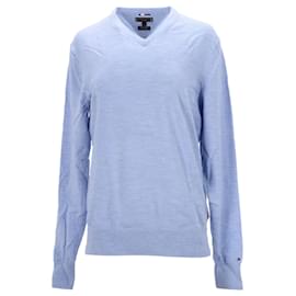 Tommy Hilfiger-Suéter masculino de lã com decote em V-Azul,Azul claro