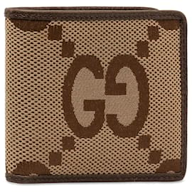 Gucci-Gucci Brown Jumbo GG Canvas Bifold Small Wallet-Brown,Beige