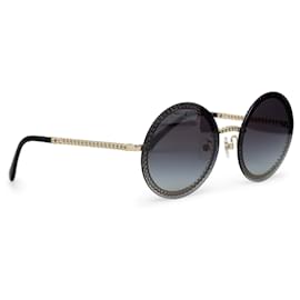 Chanel-Chanel – Schwarze, runde Sonnenbrille mit Kettenglieder-Akzent-Andere