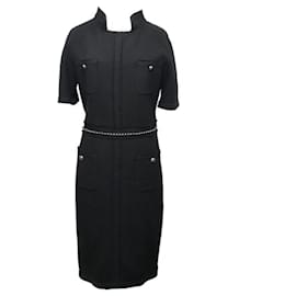 Chanel-Nuevo vestido de tweed negro con cinturón de perlas CC.-Negro
