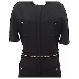 Chanel-Nuevo vestido de tweed negro con cinturón de perlas CC.-Negro