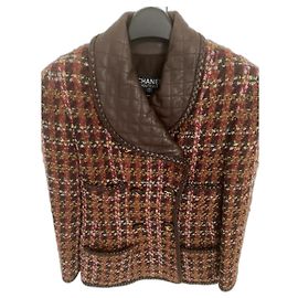 Chanel 92A Giacca Museu Tweed & Pelle Nera 38 Marrone