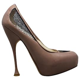 Brian Atwood-Lace Leather Nude Pump-Brown,Flesh