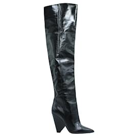 Saint Laurent-Black Shinny Leather Over The Knee Black Boots-Black