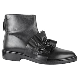 Msgm Black Leather Flat Anckle Boots Black