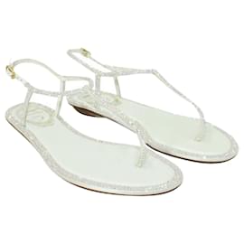 Rene Caovilla-White Flat Thong Sandals with Rhinestones-White