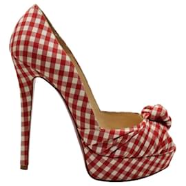 Christian Louboutin-Rote Greissimo Peep-Toe-Pumps mit Vichy-Muster-Rot